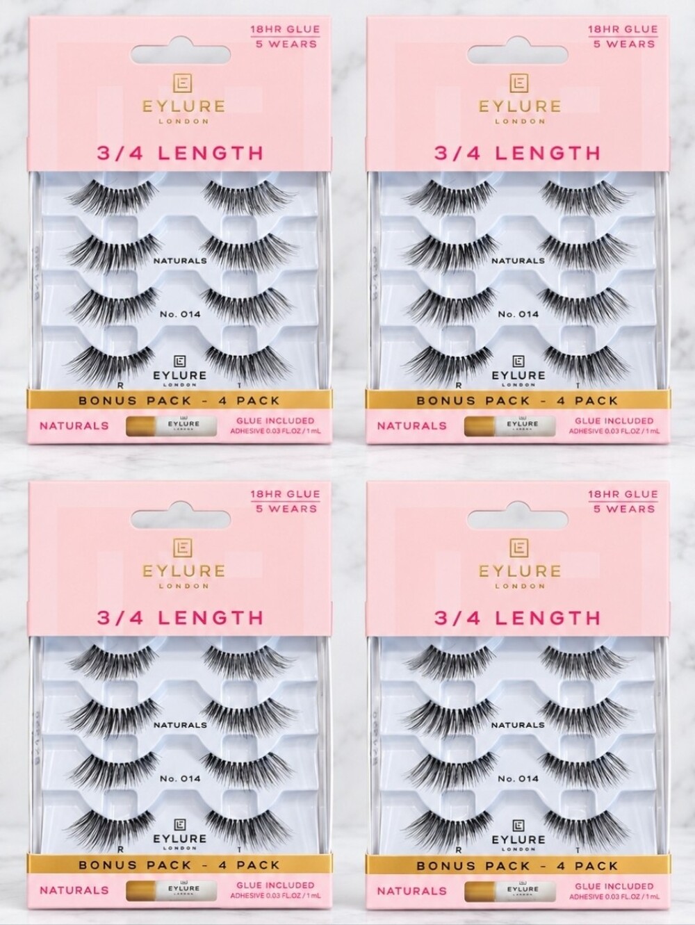4 sets of 4 Eylure Naturals No. 014 3/4 Length Strip Lashes w/Glue .03oz NIB's!